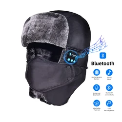 Bluetooth Winter Hat Headphones Ushanka Russian Trapper Faux Fur Earflap Cap with Mask Windproof Waterproof Cold Weather