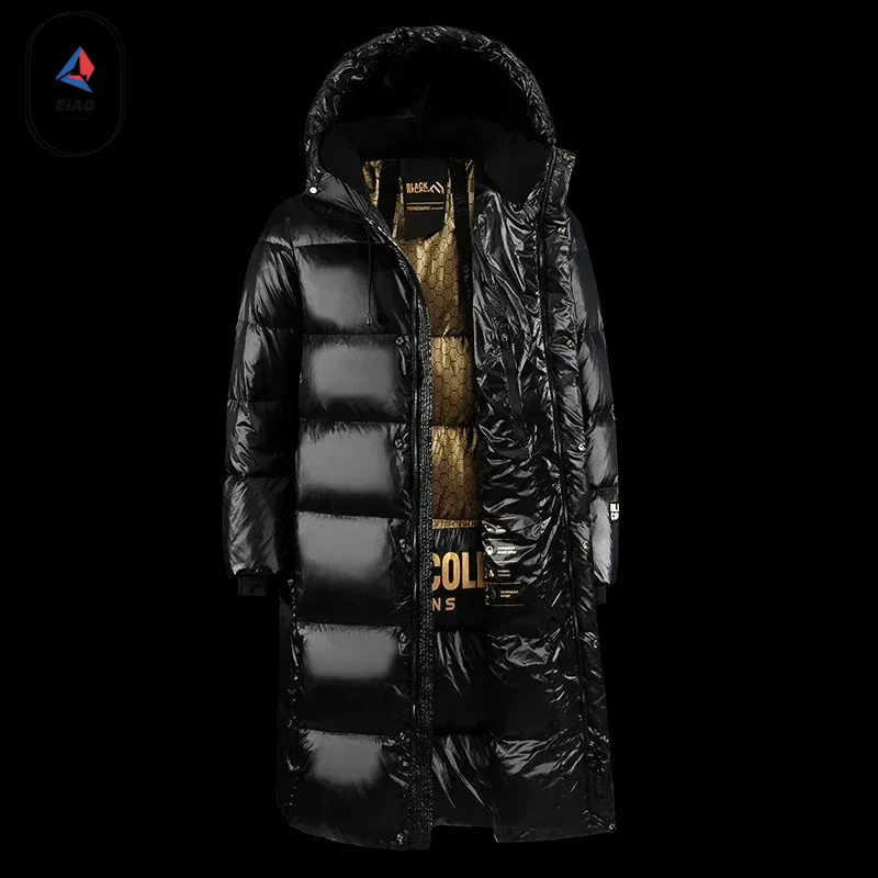 

Comxz Luxury Black Gold Duck Down Padding Coat Men Women 2026 Winter Long Bright Face Warm Down Jacket Street Puffiness Puffer