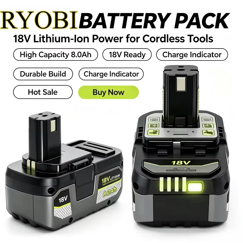Powerful Lithium For RYOBI 18V Battery 6.0Ah 8.0Ah P104 P105 P107 P108 P109 Low Self Discharge Compatible with All 18V Tools