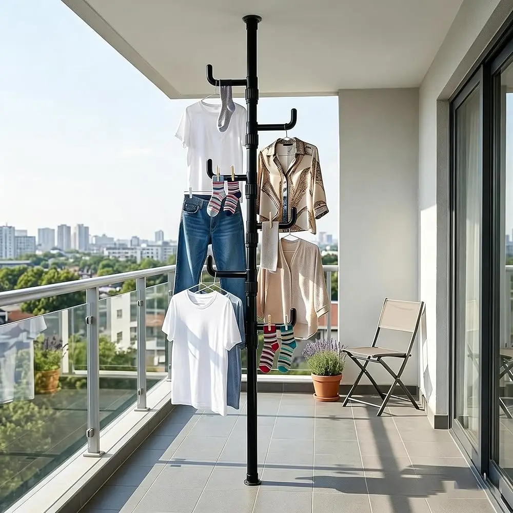 

Free ShippingFloor to Ceiling Clothes Drying Rack, Adjustable Tension Pole Laundry Rack for Balcony. Vertical Coat Hanger Stand
