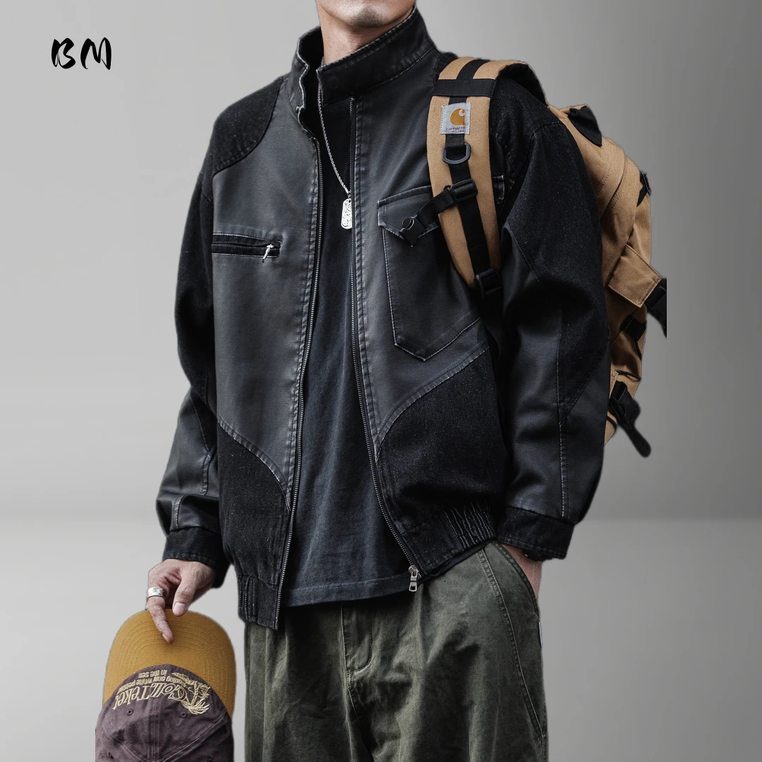 

Mens American Vintage PU Leather Jacket Workwear Distressed Patchwork Stand Collar Trendy Spring Autumn Coat Streetwear Casual