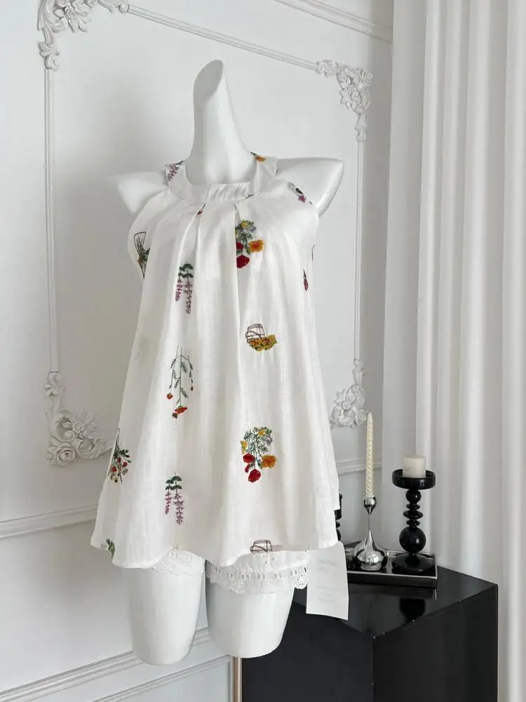 

Summer Vintage Women's White Print Elegant Sexy Off Shoulder Sleeveless Pleated Tops And High Waisted Hollow Out Shorts Bohemian