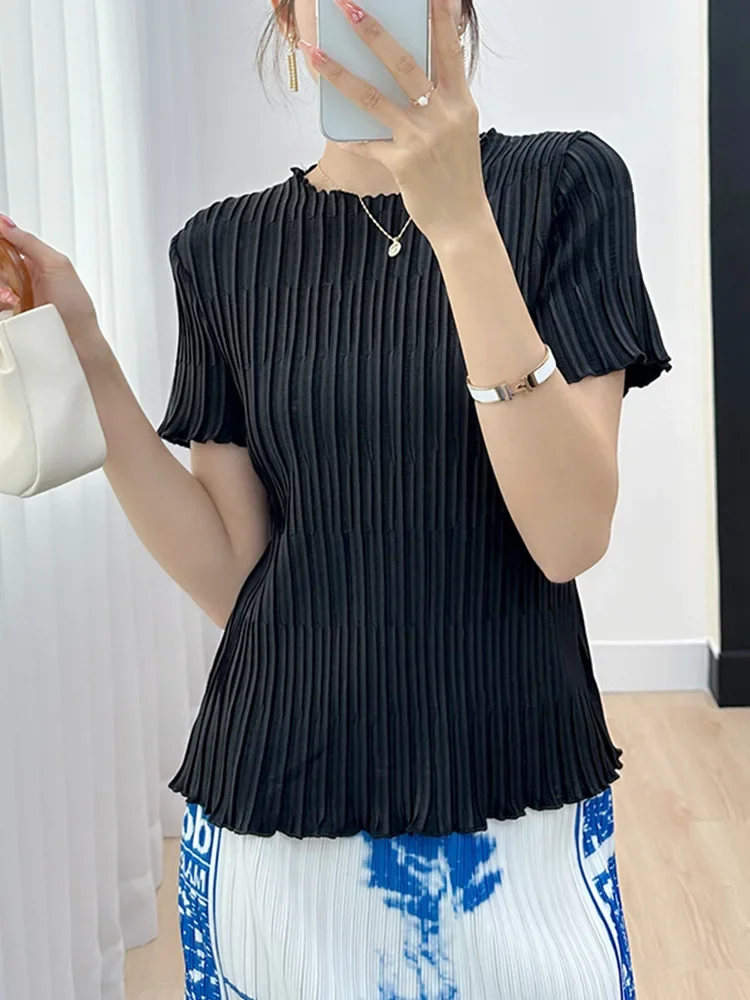 

Miyake Pleated Small Tops 2024 Summer New Style Jacquard Short-sleeved T-shirt Stretch Slim Round Neck Pleated Tops for Women