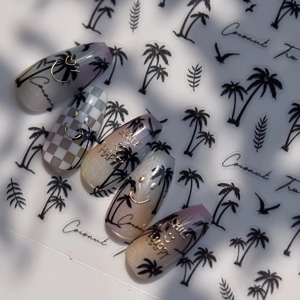 

Palm Trees Soaring Seagulls Nail Decals 5D Coastal Sunset Nail Stickers Ocean Summer Vacation Self Adhesive Manicure Decal DIY