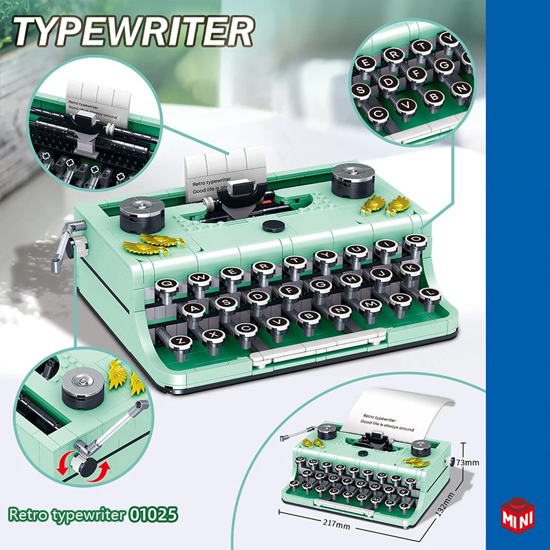 Green Technical Expert Retro Typewriter Printer Model Building Block Simulate a Modern Coffee Machine and Bread Maker Diy Gifts