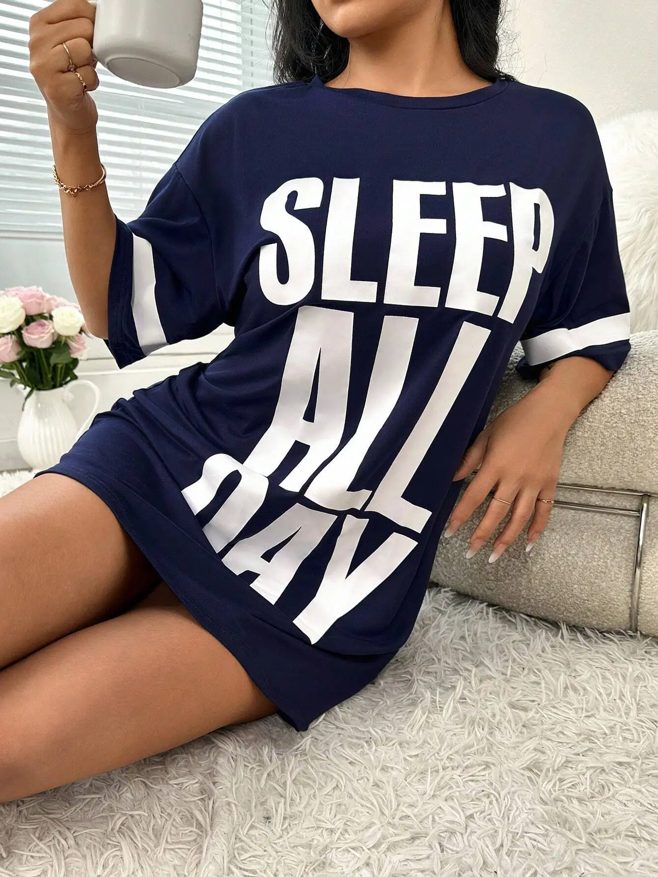 

Black Oversized Slogan Print T-Shirt Dress for Women Summer Casual Lounge