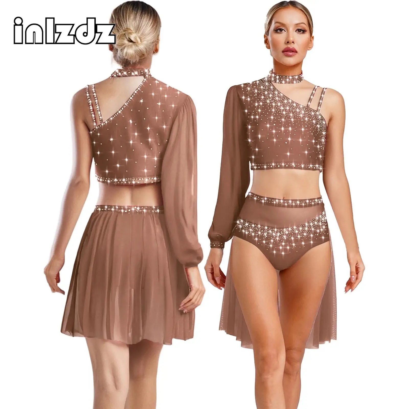 

Womens Contemporary Lyrical Dance Costume Asymmetrical Long Sleeve Colorful Rhinestone Mesh Crop Top+Skirt Gymnastics Dancewear