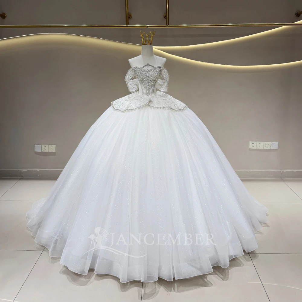 Simple Scoop Wedding Dress for Woman Bride Organza Chapel Train Cap Sleeve Beading Customized vestidos de novia boda