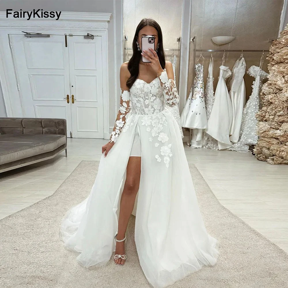 

FairyKissy Modern A-line Wedding Dress Overskirts Tulle Lace Appliques Robe De Mariée Long Sleeves High Slit Vestidos De Fiesta