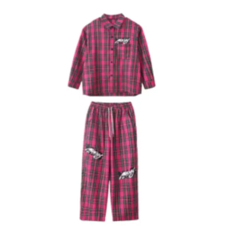 Kids Kpop Streetwear Ballroom Hip Hop Dance Costumes Plaid Shirt Elastic Waist Pants Set Boys Jazz Performance Clothes  -129
