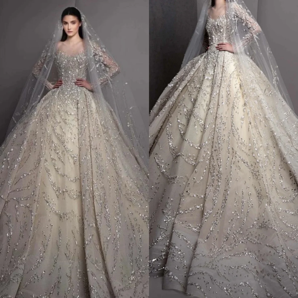 

Exquisite Bridal Dress Sequins Lace Sequins Wedding Gown Sheer Neck Long Sleeves A Line Gown Sweep Train Customized Dresses