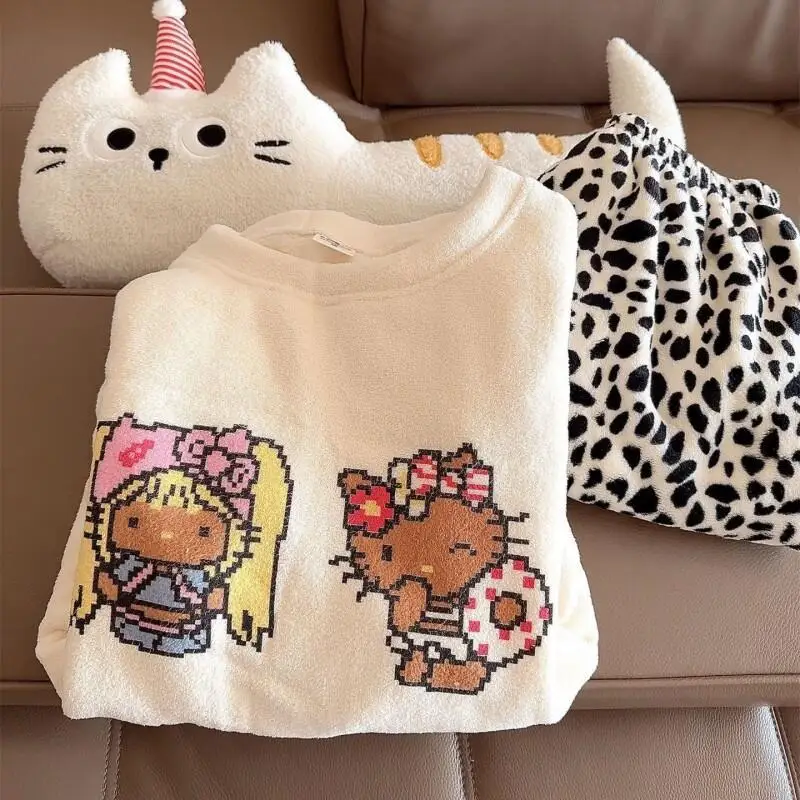 

Sanrio Hello Kitty women's Pajamas Set Sleepwear Coral Fleece Students Autumn Winter Thick Casual Loose Long Sleeve Long Pants