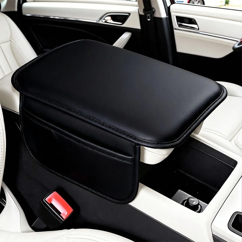 Smooth PU Leather Car Armrest Box Pad, Wear-Resistant and Anti Slip, with Storage Bag, Car Interior Accessories