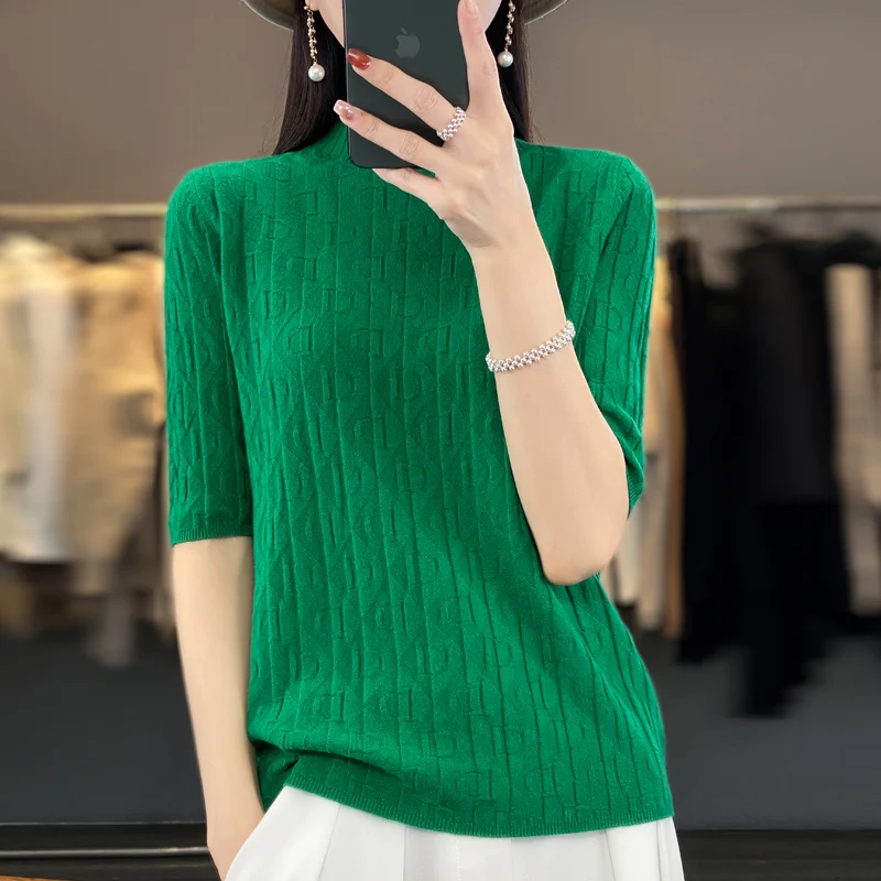 Women New Soft Diamond Letter Design Sweater Half-high Collar Three Quarter Sleeve Pullover Spring Summer Casual Knit Slim Top