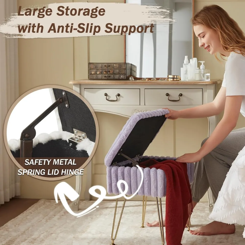 Pufa do przechowywania ze sztucznego futra ze złotymi nogami, fioletowy podnóżek do makijażu do salonu i sypialni