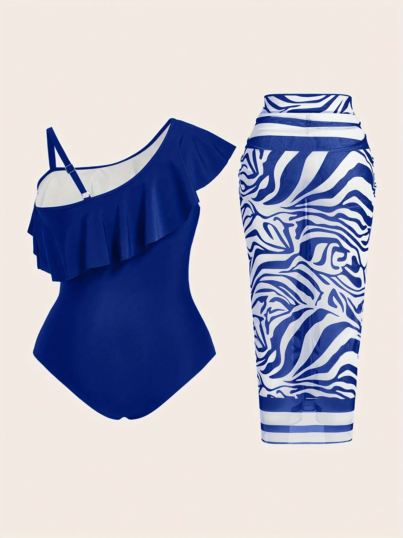 2026年新作エレベイトネイビーセット - ワンショルダーラッフル水着、ブルーゼブラ柄カバーアップスカート、洗練された水着＆カバーアップ
