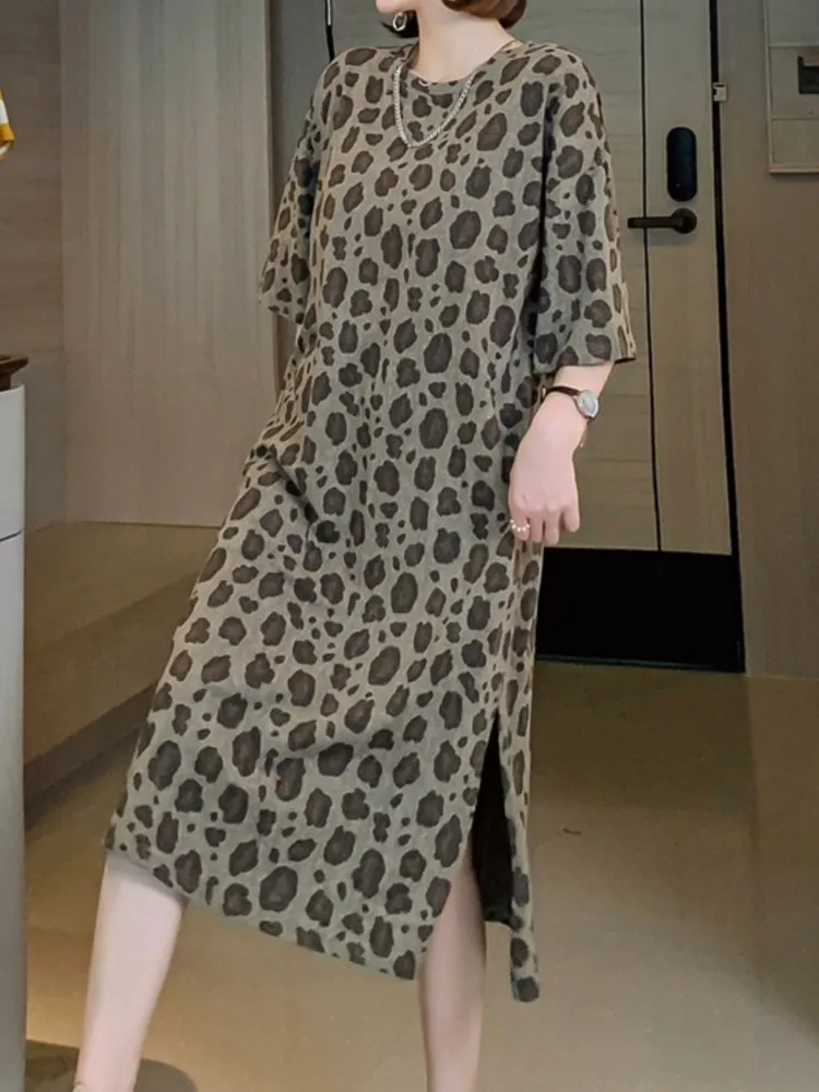 حجم كبير الصيف سبليت ليوبارد فستان المرأة الجديدة كوريا فستان امرأة فضفاضة Vestidos رداء Elbise قصيرة الأكمام طويلة فساتين السيدات #2