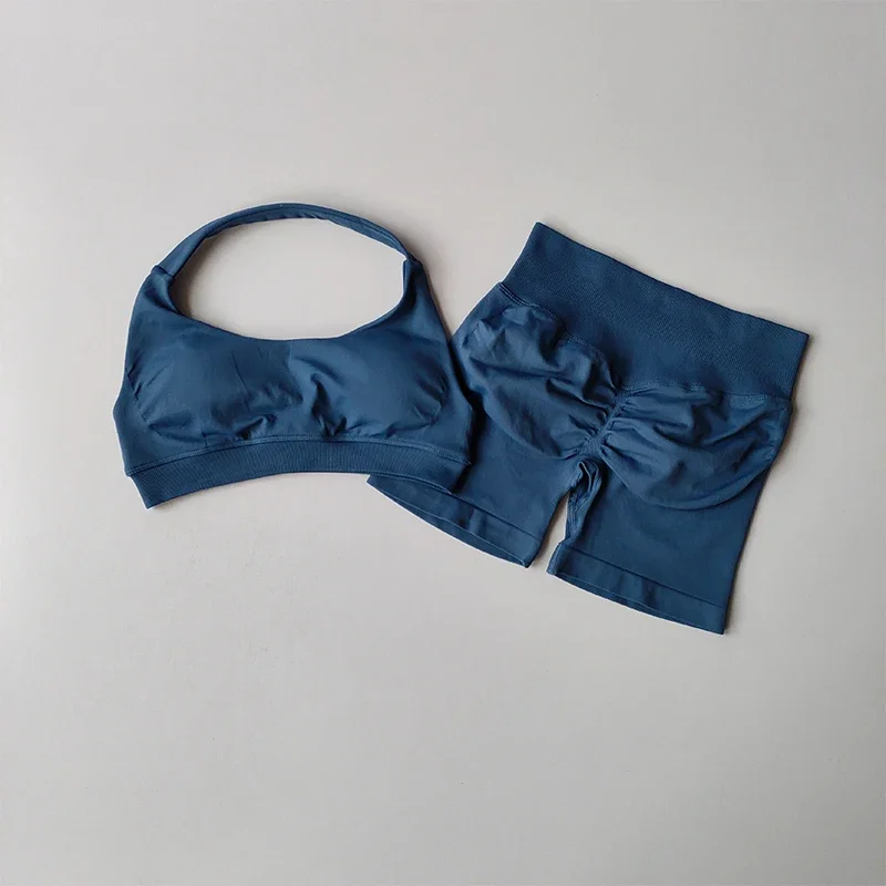2-teiliges Set: Sexy Neckholder-Sport-BH in Pfirsichfarbe und High-Waist-Shorts für Damen, geeignet für Pilates, Yoga, Training, Fitness, mit schönem Rückenausschnitt und formgebendem Effekt. – Detail 3