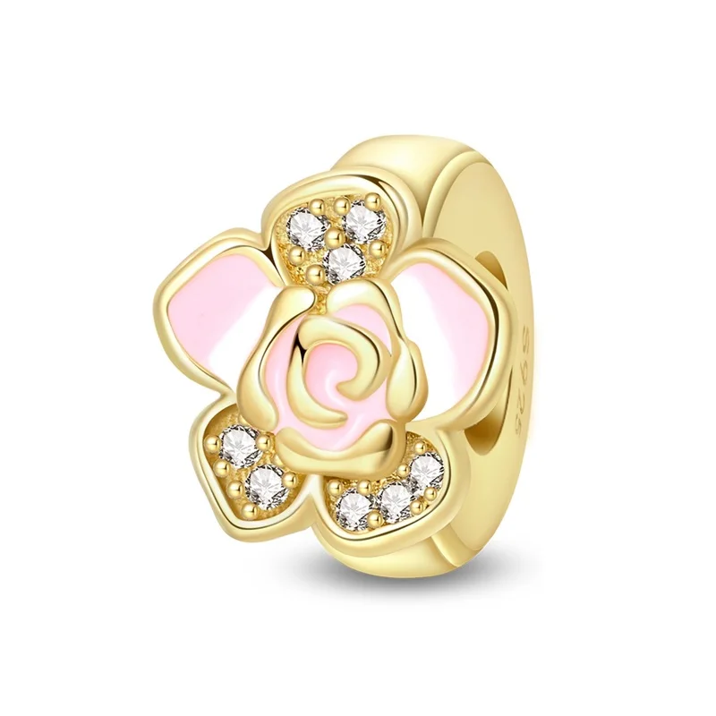 925 Sterling Silver Golden Powder Flower Interval Charms Bead Fit Original Bracelet DIY Women Fashion Anniversary Jewelry Gifts