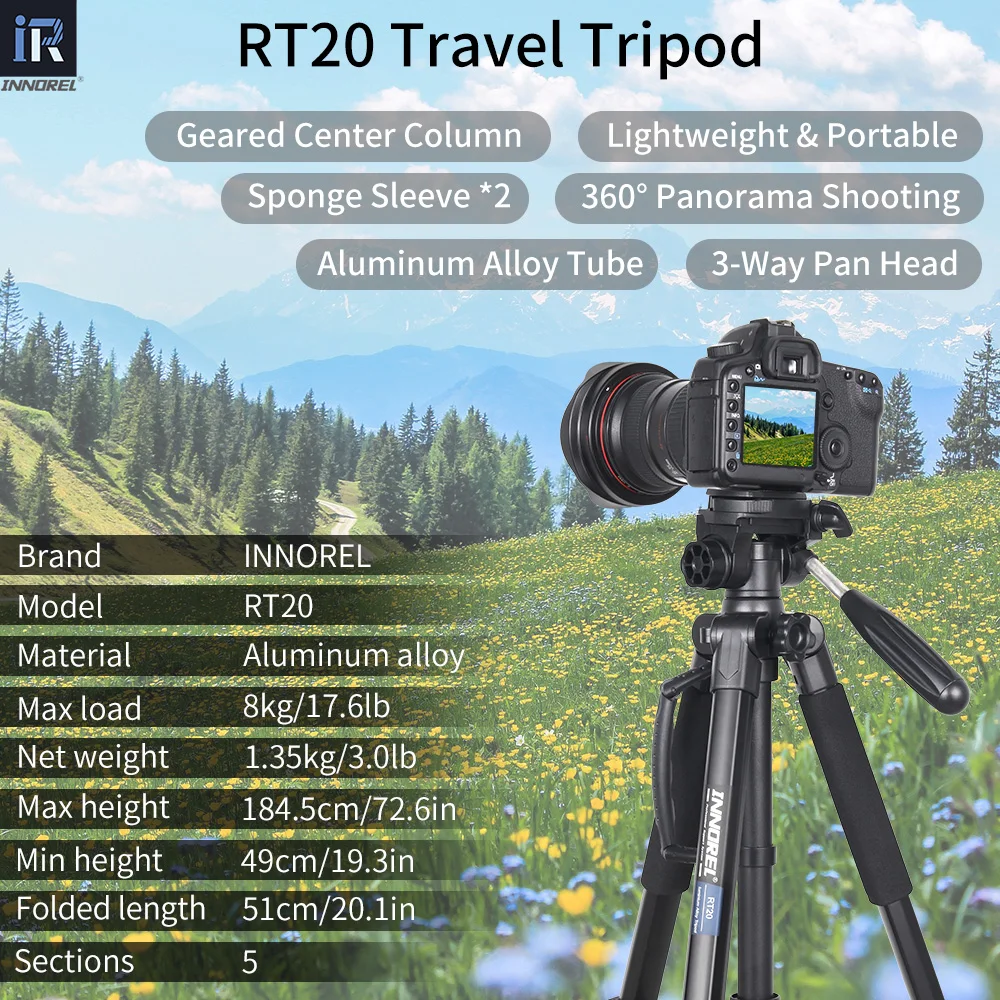 INNOREL RT20 Camera Tripod Lightweight Travel Professional Stand 8kg Maxload for DSLR,Cellphone, Canon,Nikon,Sony and DV Video