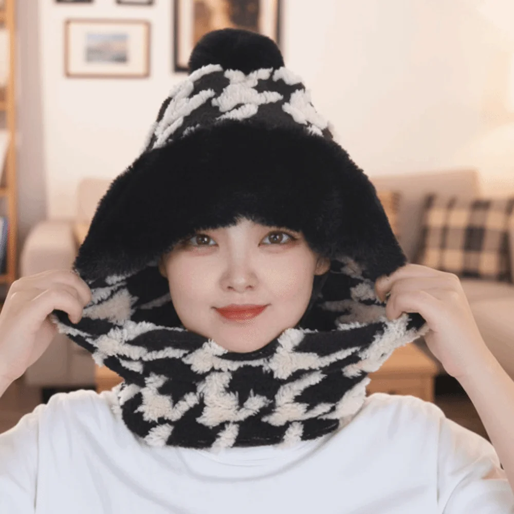 Máscara de esquí de felpa gruesa, bufanda, sombrero con patrón de pata de gallo, transpirable, 4 en 1, sombrero a prueba de viento, protección para los oídos, cubierta para el cuello, gorro para la cara