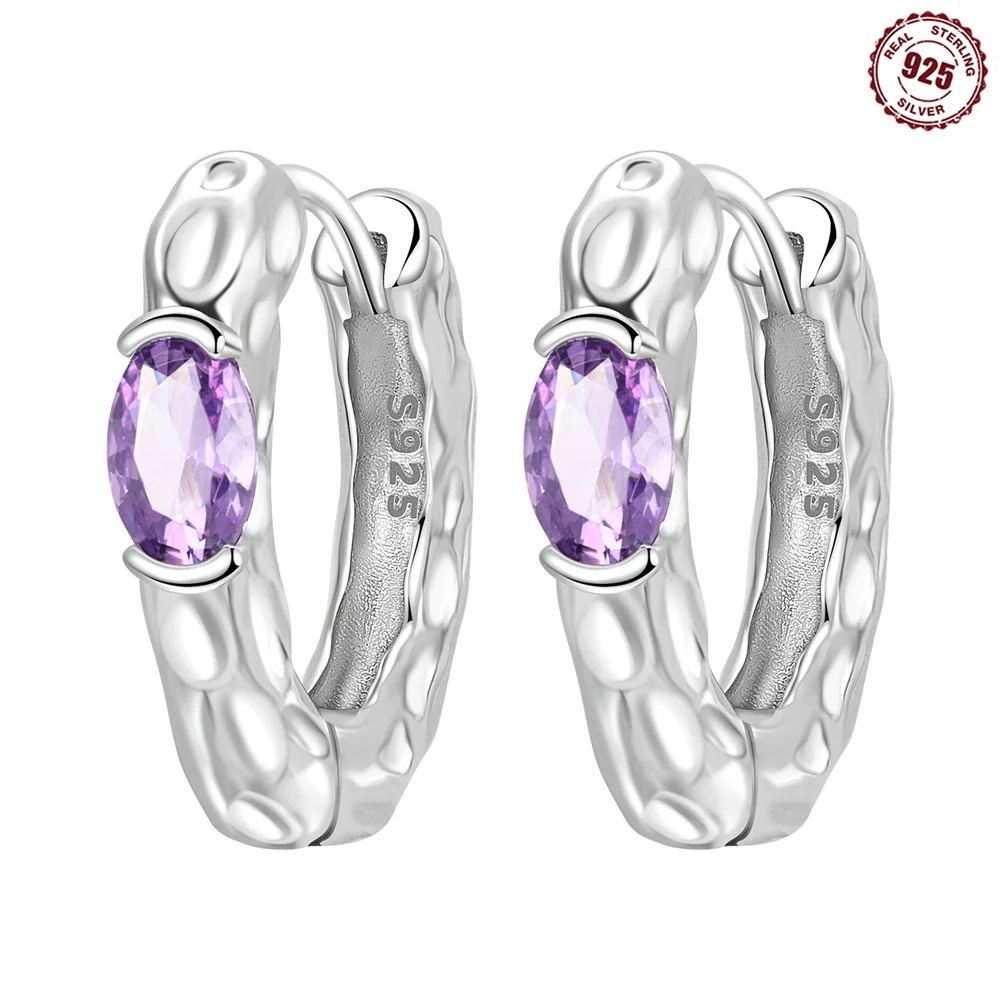 925 Sterling Silver Hammered Textured Huggie Hoop Earrings Oval Purple Cubic Zirconia Hoop Earrings Women Jewelry Daily Gift