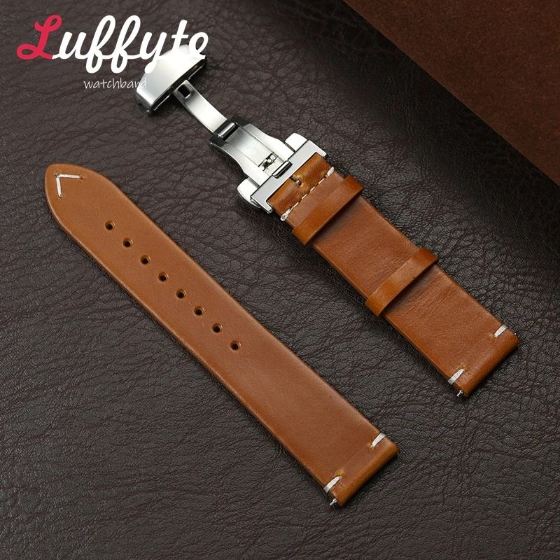 

Oil Wax Skin Replacement Wristband 18mm 20mm 22mm Wrist Band with Solid Butterfly Buckle Men Quick Release Smartwatch Strap