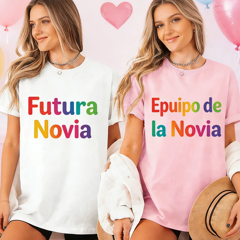 Futura Novia & Epuipo De La Novia Spanish Women T-Shirts, Colorful Block Print Tops for Single Farewell Bridal Party Hen Night