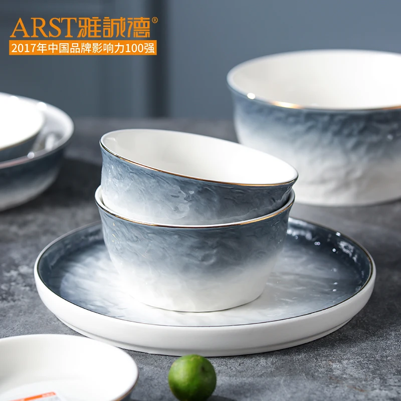

Yachengde water wave graphite ceramic soup bowl large rice bowl eating bowl plate tableware dish set household light luxury