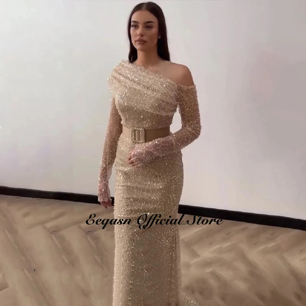 Elegant Mermaid Evening Dresses Champagne Long Sleeve Glitter Sequines Gala Dress Saudi Formal Evening Wedding Gowns