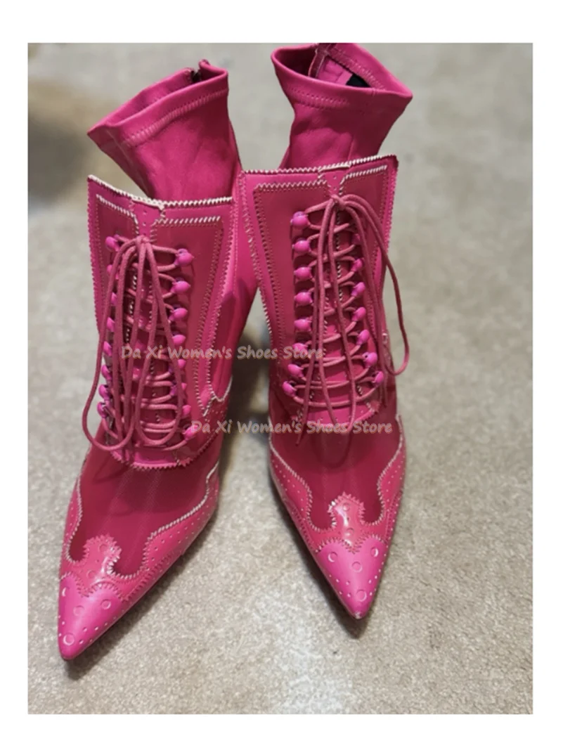 Rose Pink Pointed Tip Women's Ankle Boots Lace-up Bullock Style Stiletto Heels Stretch Sock Boots Winter Party Stage Shoes