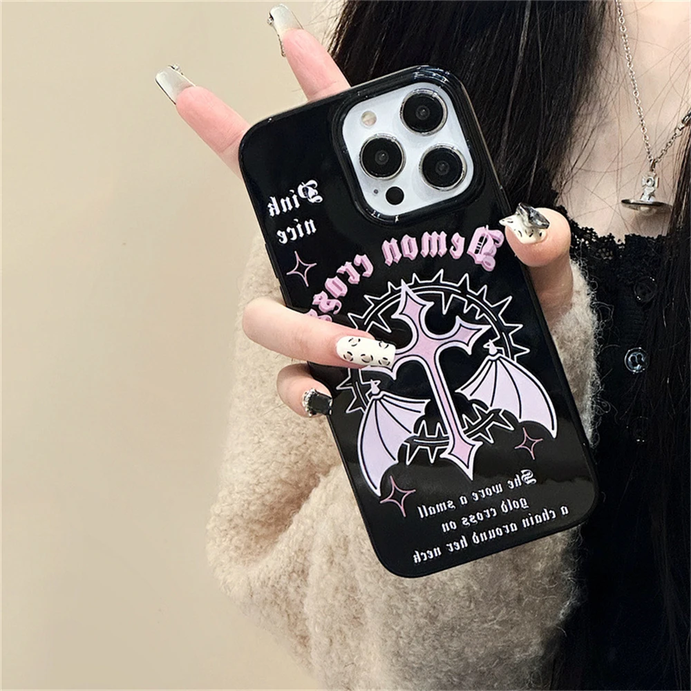 Y2k Korean Cute Pink Wings Case For iPhone 15 14 13 12 11 Pro Max Mini X XR 7 8 Plus SE Glossy Shockproof Soft Black TPU Cover