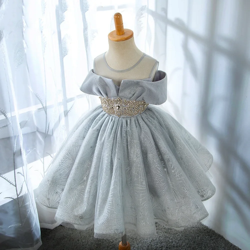 New Baby Girl Princess Vintage Dress Tulle Children Rhinestone Kids Wedding Party Birthday Tutu Dress Glitter