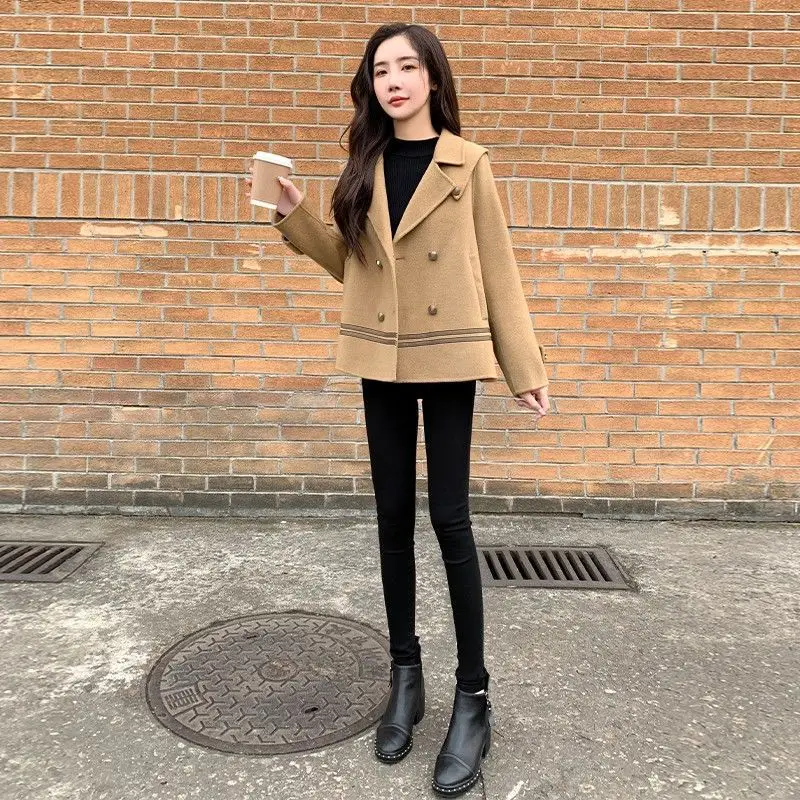 

New Autumn Winter Woolen Coat Women Short Slim Fashion Double-Breasted Suit Collar Female Outerwear Wool Jacket