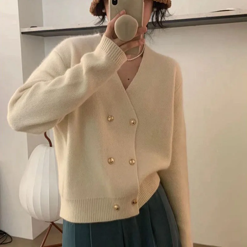 

Woman Casual Solid Long Sleeves Knit Jacket Women's Design Double-Breasted Cardigans Autumn Winter Loose Simple Sweater Outwear