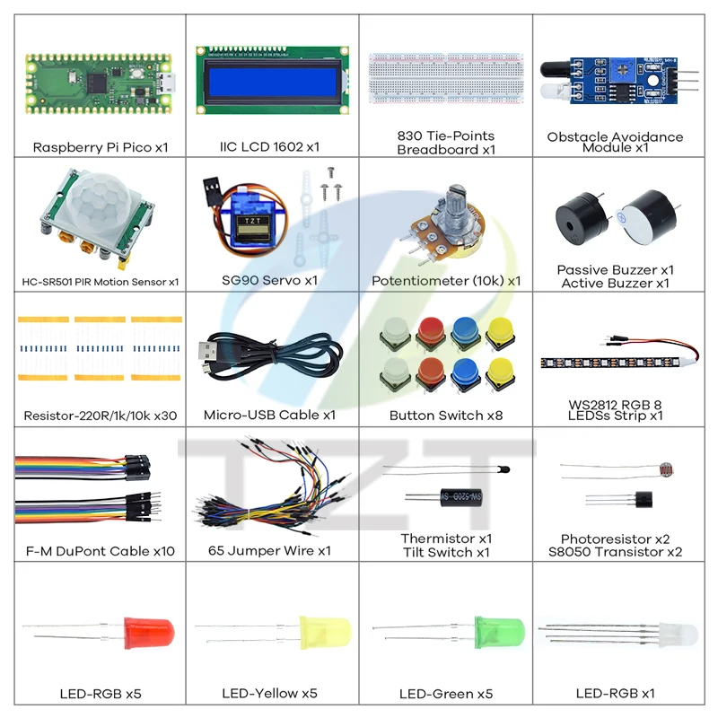 Imagem -05 - Tzt Starter Kit para Raspberry pi Pico Placa de Desenvolvimento Breadboard Programação Python Kit Iniciante Servo Sg90 Lcd1602