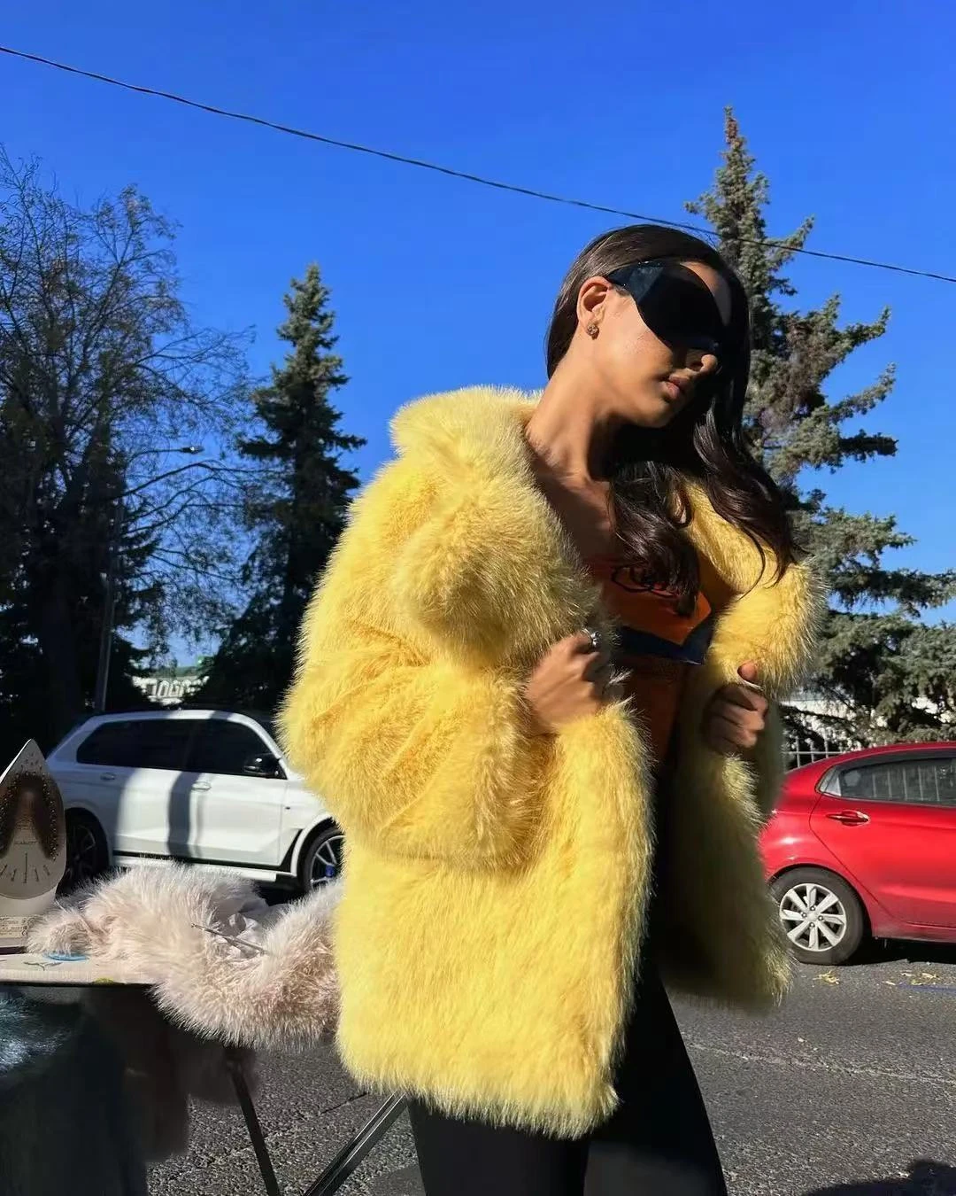 2026 Autumn Winter Women Faux Fur Jacket Lapel Collar Fluffy Long Hair Open Front Mid Long Coat Yellow