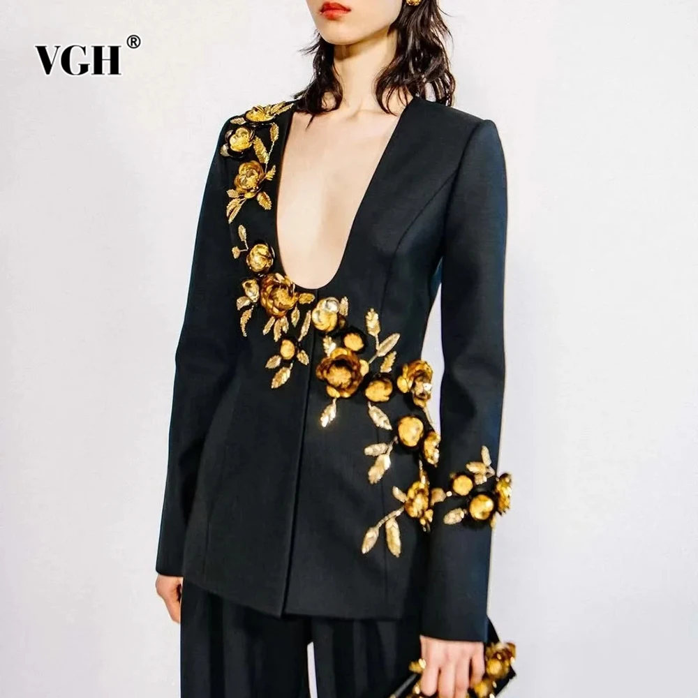 

VGH Solid Slimming Spliced Appliques Vintage Jackets For Women Round Neck Long Sleeve Temperament Blazer Female Fashion Style