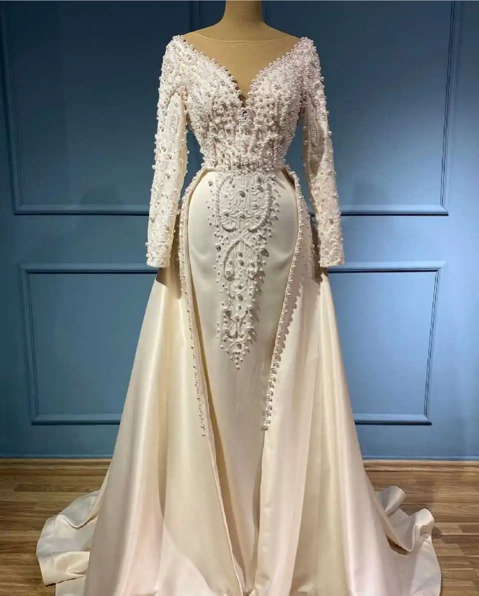 ชุดแต่งงานทรงเมอร์เมดสุดหรูสำหรับผู้หญิง คอทรงโอ แขนยาว ประดับมุกและลูกไม้ พร้อมกระโปรงแบบถอดได้ สามารถสั่งตัดได้