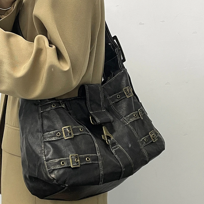 High-capacity Punk Belt Zipper Shoulder Bags Vintage Y2k Aesthetic Luxury Ins Handbags Women Wide Strap Streetwear Underarm Bag