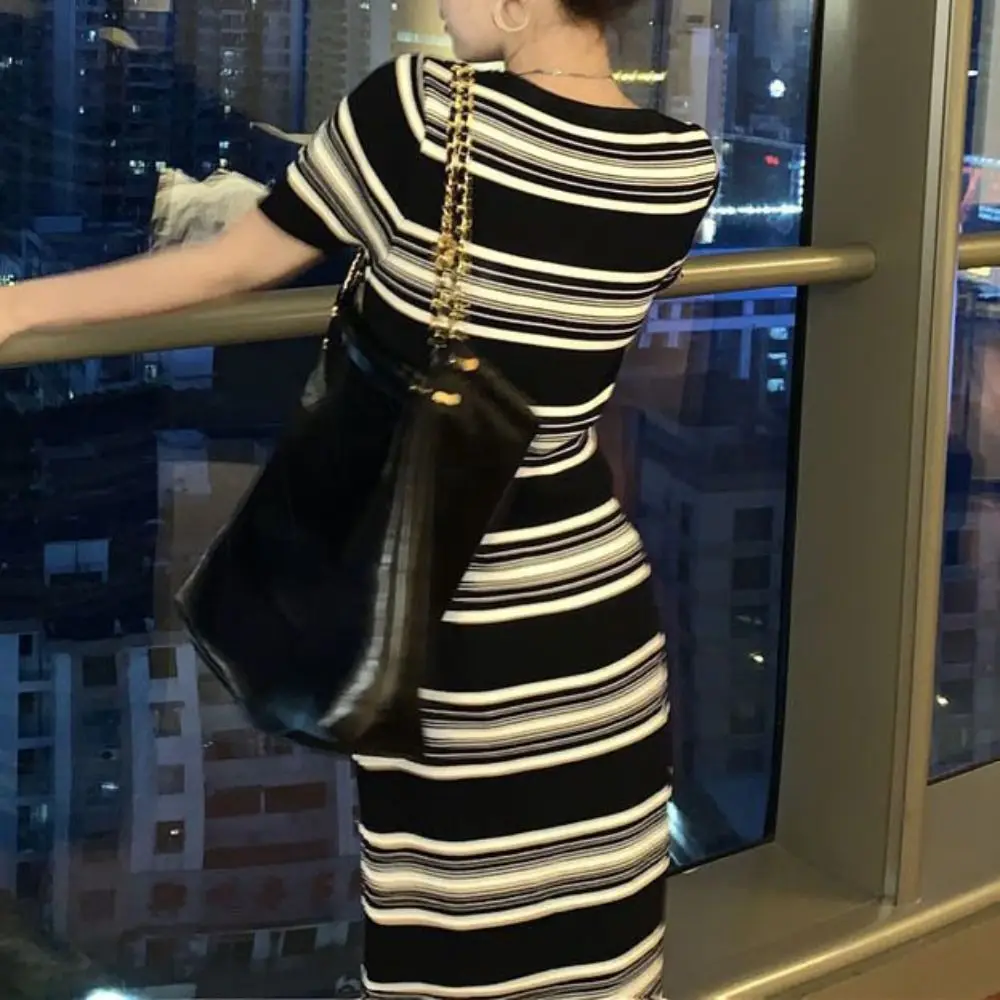 

Fashion Square Neck Stripe Long Dress Slim Fit Beachwear Short Sleeve Dresses Simple Spicy Girl Stripe Knitted Dress Ladies