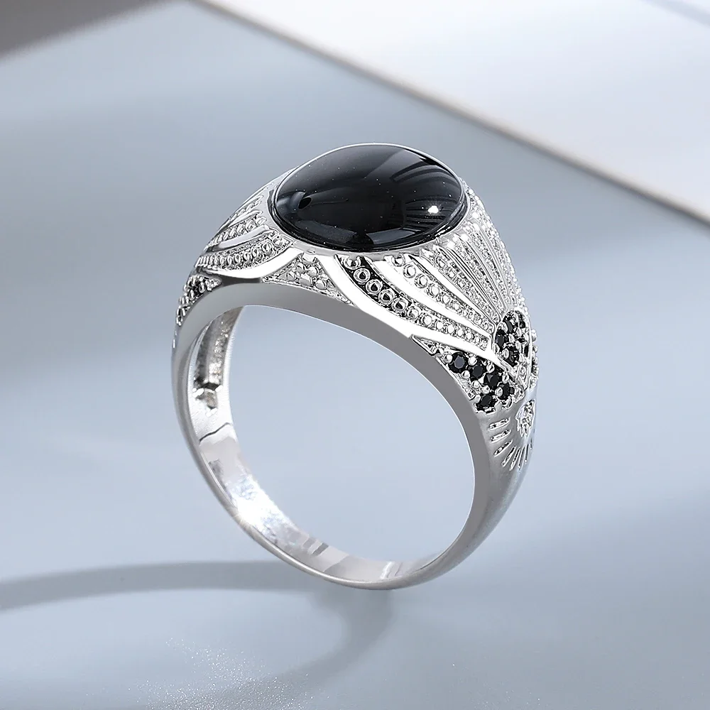 

S925 Silver Jewelry Ring Natural Oval Rectangle Big Black Agate Stone Vintage Ring For Women Party Gifts