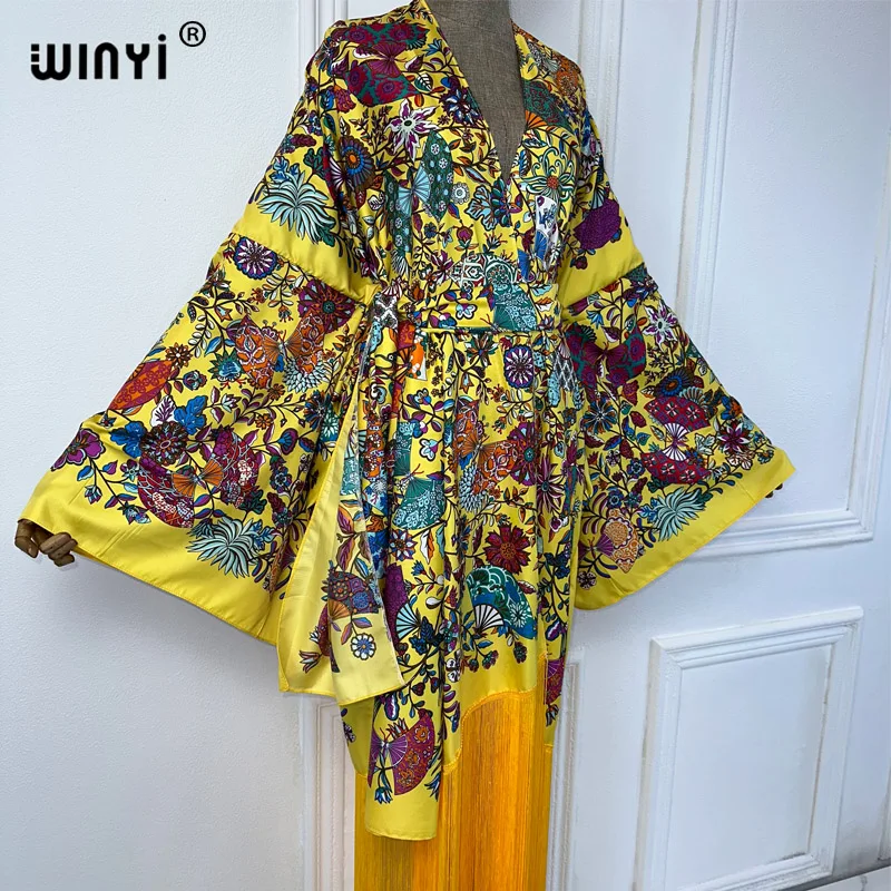 Letnia sukienka w stylu boho WINYI kimono letnia sukienka plażowa artystyczny nadruk osłona do Bikini seksowna wakacyjna sukienka z frędzlami z