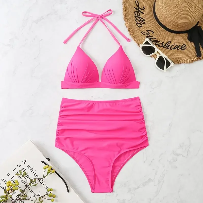 Bikinis con Push-Up para mujer, traje de baño unicolor de cintura alta, traje de baño para mujer, ropa de playa de Mayo, rojo, blanco y rosa 2024