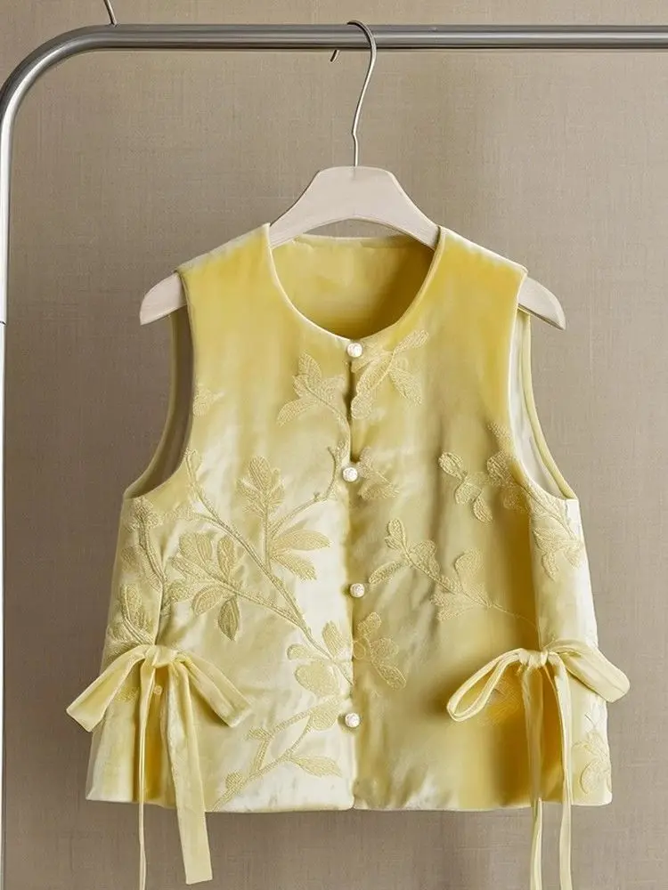 الأزهار المطرزة المخملية سترة المرأة الرجعية الصينية خمر العرقية نمط بلوزات بلا اكمام المتضخم