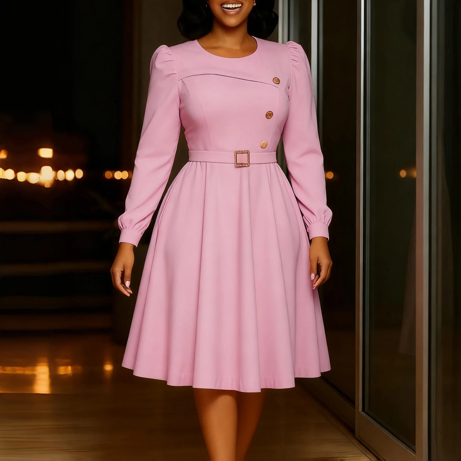 

Women's Solid Color Long Sleeve Midi Dress Puff Sleeve Double Breasted Belted A-Line Gown Elegant Formal Outfit For Work Parties