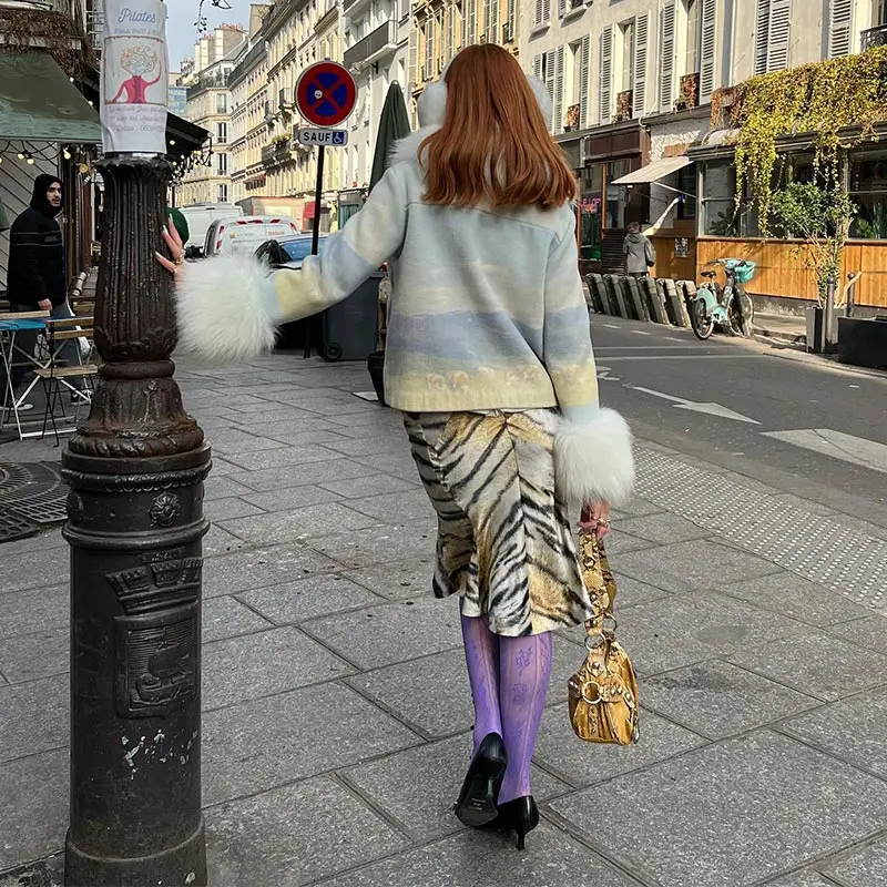 Bedruckte Kunstpelz-Patchwork-Wollkurzmäntel für Damen, Street-Style, Reverskragen, Langarm, Lose Jacke, Herbst-Winter, Schicke Damen-Oberbekleidung, Neuheiten – Detail 9