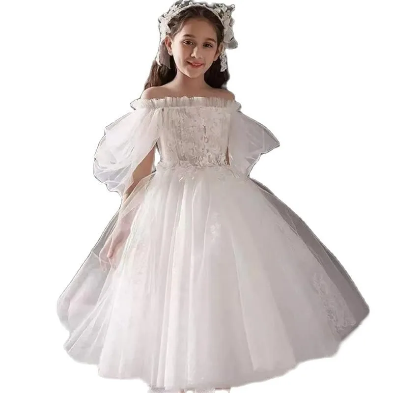 Vestido de flor de tule branco, fora do ombro, manga lanterna, primeira ceia da criança fofa, vestidos de baile, vestido de casamento