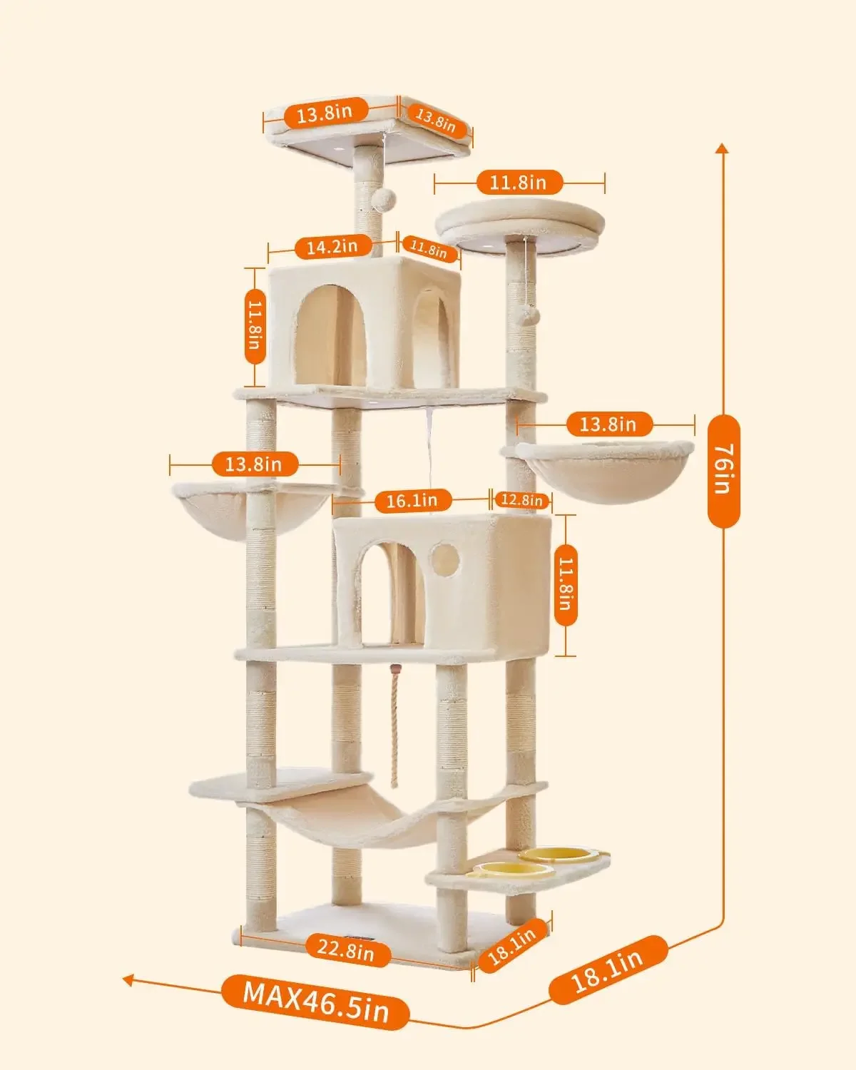 76-Inch Cat Tree Cat Tower For Indoor Cats, Plush Multi-Level Cat Condo With 12 Scratching Posts, 2 Perches, 2 Caves, Hammock|