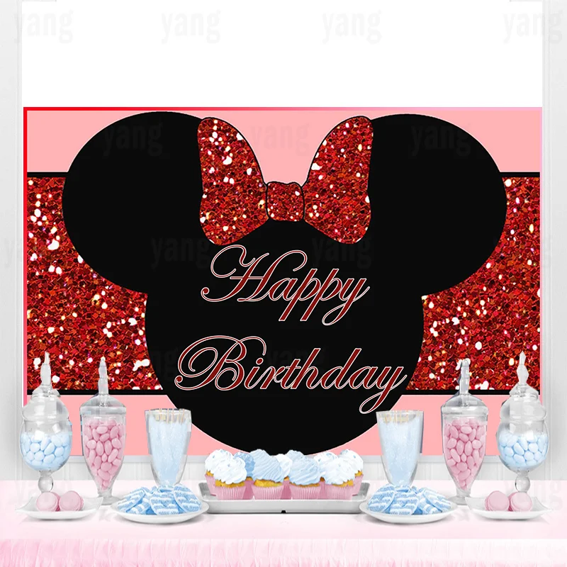 Disney Minnie Mouse Backdrop Party Supplies Red Glitter Photography Backdrop Newborn Birthday Background Girls Boys Decoration